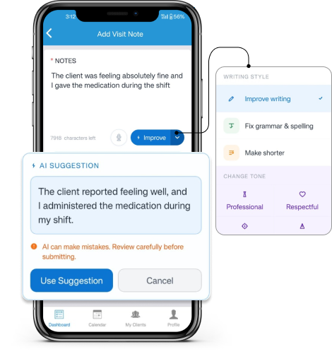 AI-assisted care notes feature in the CareSmartz360 caregiver mobile app