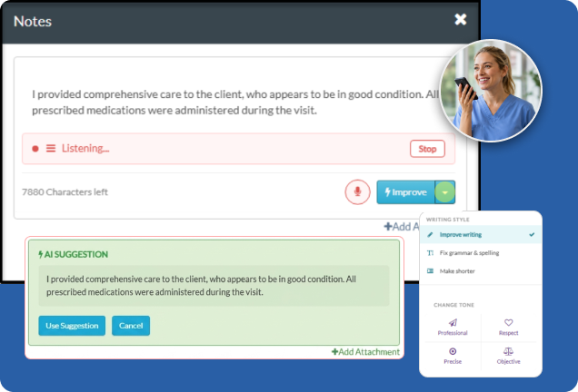 Voice-to-text & AI-assisted notes in the CareSmartz360 caregiver portal