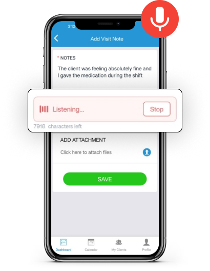 Voice-to-text care notes feature in the CareSmartz360 caregiver app