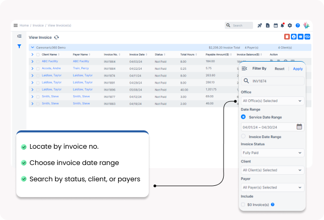 Streamlined Invoice Search - CareSmartz360