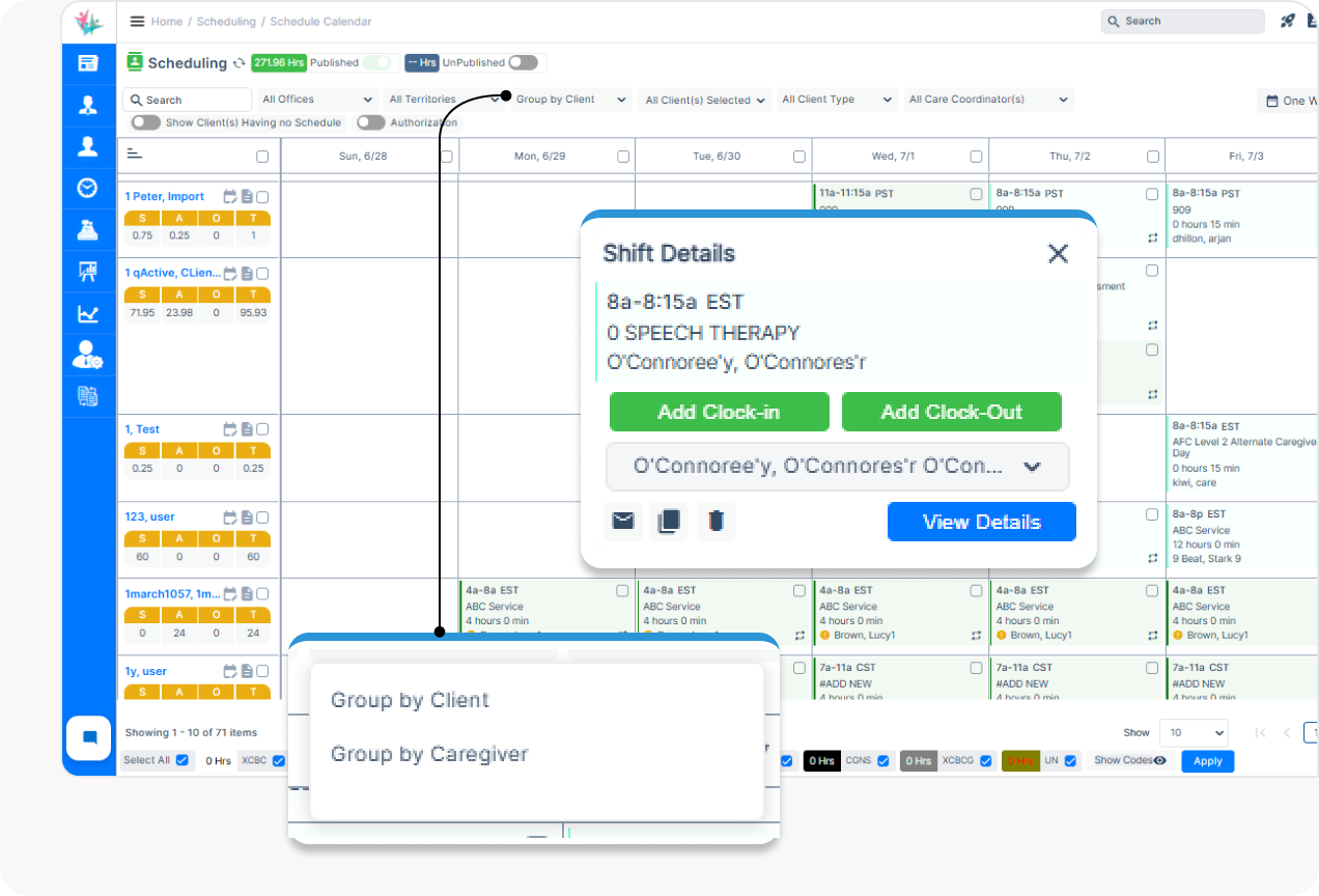 Home care scheduling software with color-coded calendar calendar